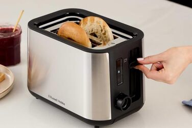 Тостер Russell Hobbs Textures+ з широкими слотами, підставка для бургерів, щипці, 6 рівнів підсмажування, розморожування та підігріву, 850W, 22601-56, нержавіюча сталь, 2 відсіки