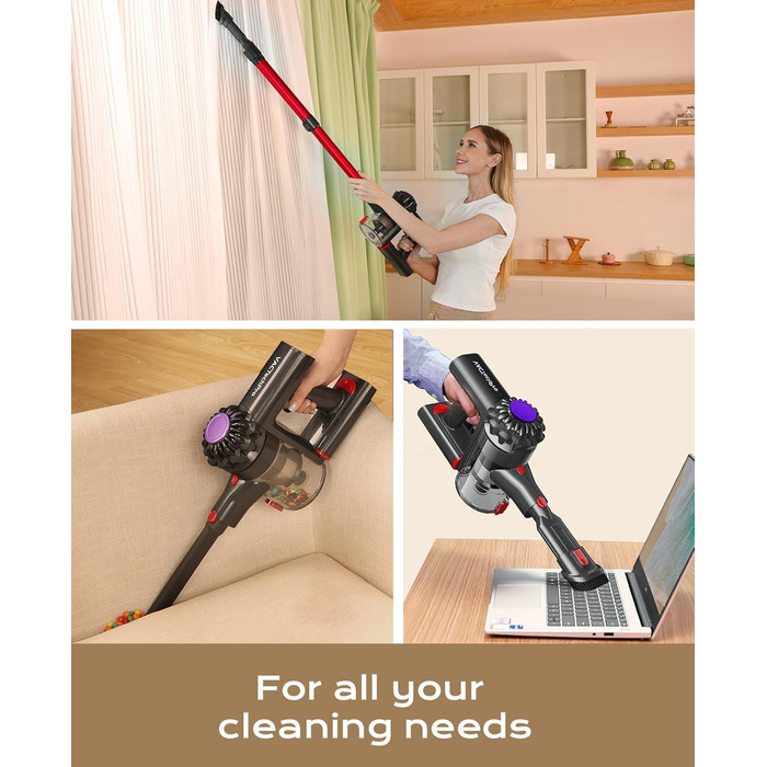 Бездротовий акумуляторний пилосос V15, 35KPa, 6-в-1, для твердих підлог та килимів, видалення шерсті тварин (червоний)