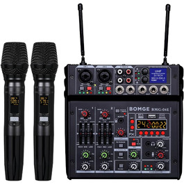 BOMGE 04E Караоке-аудіомікшер 4-канальний з бездротовими Dual-UHF мікрофонами, Bluetooth, MP3, USB, 48V фантомне живлення, для DJ, вечірок, комп'ютера