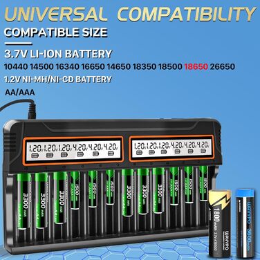 Зарядний пристрій для акумуляторів 18650, 12 слотів, LCD дисплей, універсальний, швидка зарядка, сумісний з 26650, 16340, 14500, 18350, 18500, AA, AAA (тільки зарядний пристрій)