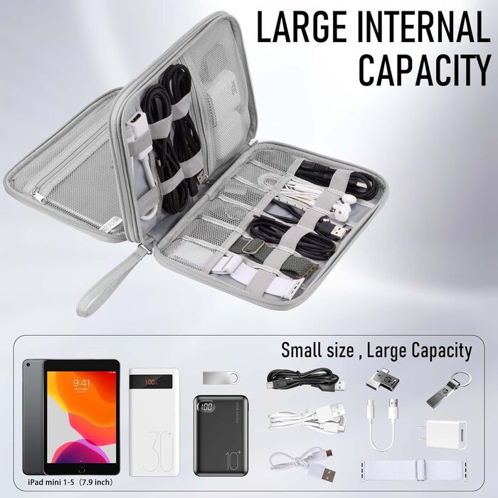 Організатор для аксесуарів Arae Elektronik: кабельна сумка, Travel Essentials, подвійний шар, для зарядних пристроїв, USB, SD картки (Синій, L) Сірий L