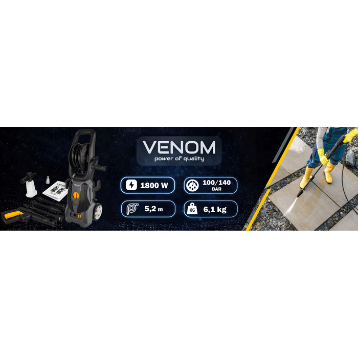 Мийка високого тиску VENOM 1800W, алюмінієвий насос, 140 бар, шланг 5,2 м із котушкою