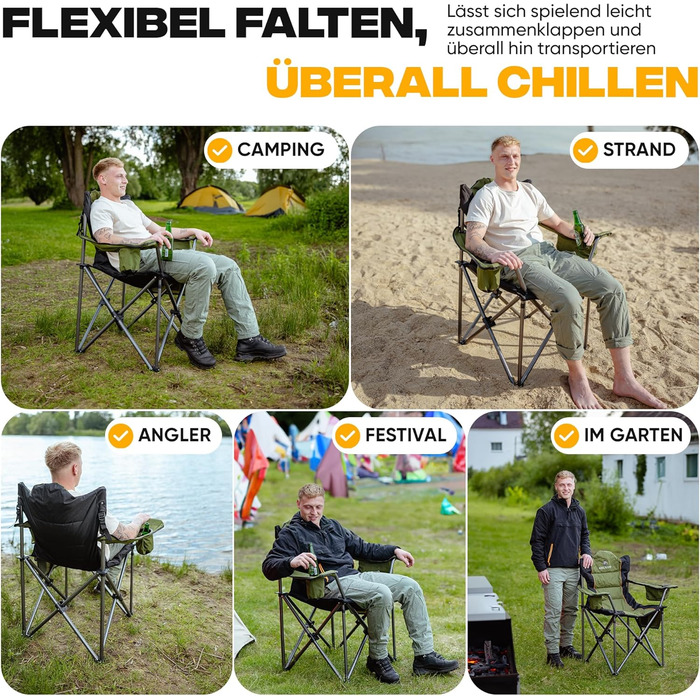 Складний туристичний стілець ADELKAMP з товстим м'яким сидінням, висока вантажопідйомність 150 кг, з сумкою-холодильником та тримачем для напоїв – переможець тесту 2024, преміум-якість, оливковий колір
