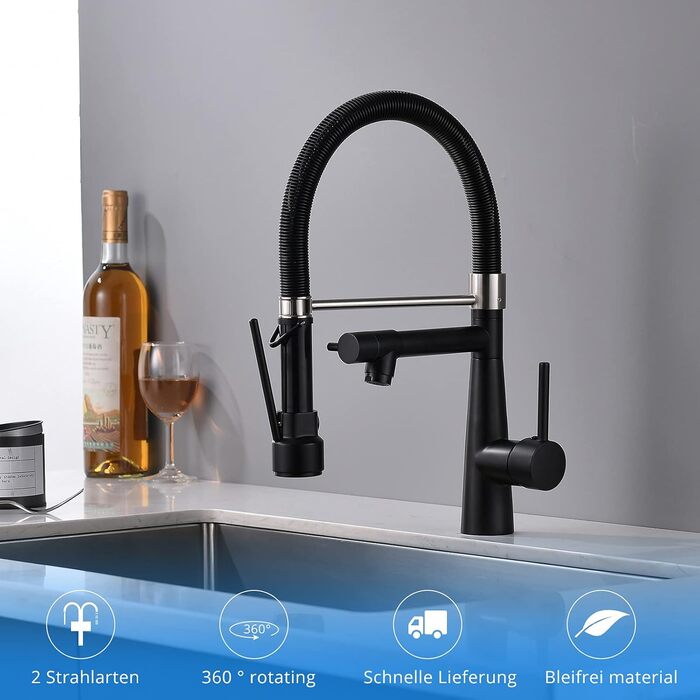 Чорний кухонний змішувач з висувною лійкою, поворотний на 360°, з витяжною насадкою для душу, для високого тиску, чорний, Küchenarmatur Negro