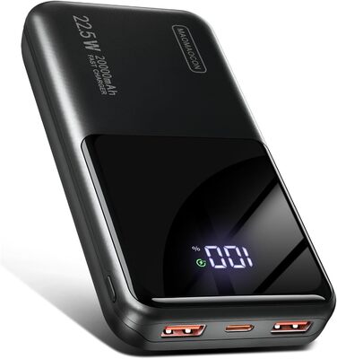 Power Bank 20000mAh 22.5W з LCD дисплеєм: Швидка зарядка, 1 USB-C, 2 USB-A, для iPhone 17/16/15/14/13 та смартфонів, чорний