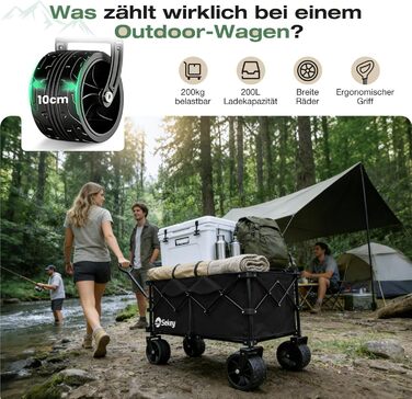 Універсальний складаний візок Sekey XXL Plus 200L/200кг з гальмами та широкими колесами для бездоріжжя (чорний, колеса 10 см)