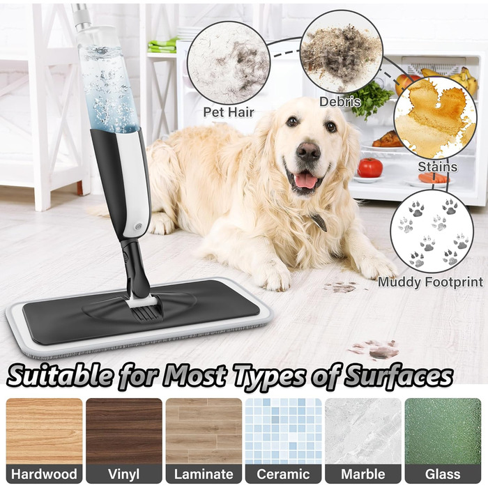 Швабра з розпилювачем MANGOTIME: мокрою шваброю для миття підлоги з баком та 4 накладками. Підходить для більшості типів підлоги. Чорний колір.