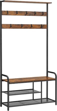 VASAGLE Coat Rack, Coat Stand, Clothes Rack with 9 Hooks, Shoe Bench, Shelf, 30 x 85 x 180.5 cm, for Entryway, Bedroom, Small Apartments, Industrial Design, Vintage Brown-Black HSR409B01