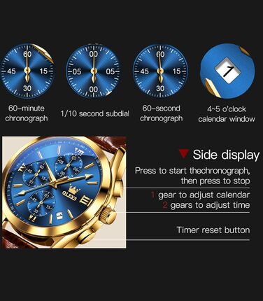 Чоловічий годинник-хронограф OLEVS 2872: кварцовий механізм, підсвічування, синій циферблат та шкіряний ремінець