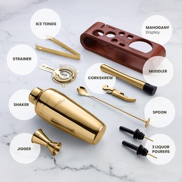 Набір для коктейлів Edles (10 предметів) - шейкер з нержавіючої сталі, дерев'яний стенд з махагоні, аксесуари для бармена. Подарунковий набір золотого та темно-бамбукового кольору