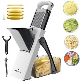Мандоліна слайсер ONCE FOR ALL Upgrade: великий, регульований, для овочів та фруктів, знімач картоплі фрі, знімні леза (чорно-білий + ніж для очищення)