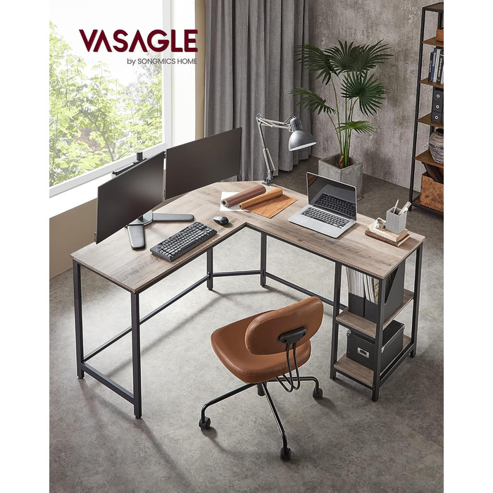 VASAGLE Desk, L-Shaped Computer Desk, 138 x 138 x 76 cm, Corner Desk with 2 Shelves, Space-Saving Office Desk, Gaming, Home Office, Easy Assembly, Greige-Black LWD72MB Greige + Black