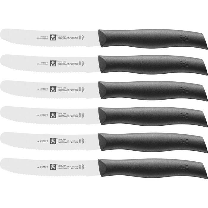 Набір сніданкових ножів Zwilling TWIN Grip, 6 предметів, універсальні ножі з хвилеподібним лезом для хліба, овочів та фруктів, нержавіюча сталь, чорний пластиковий руків'я