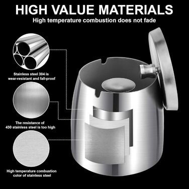 Нержавійна попільничка для вулиці та дому з кришкою, з антиковзною основою (срібна)