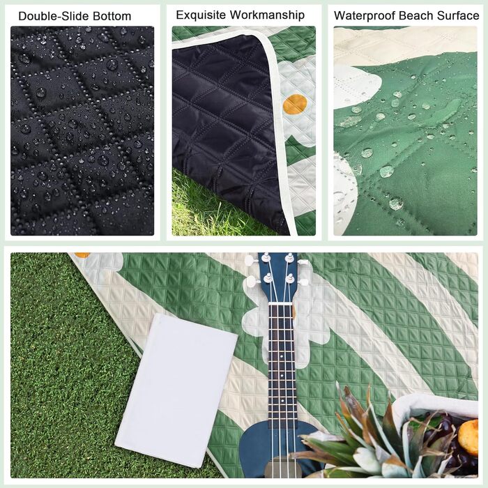 LARUTAN Beach Blanket, Waterproof, Machine Washable, Portable Picnic Blanket with Shoulder Strap - for Beach Days & Picnics Versailles Daisy 200 x 200 cm