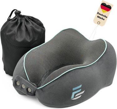 Подушка для шиї FS для літака та авто – Memory Foam з 360° підтримкою шиї – Регульована з кнопками – Дихаючий, м'який чохол – з мішечком – Сіра