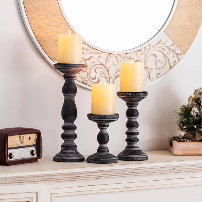 Rustic Wooden Candle Holder Pillar - 3 Piece Wooden Candle Holder Set Pillar Candle Holder Set Distressed White Tealight Holder for Wedding Centerpieces Farmhouse Home Room Decoration (Distressed Black)