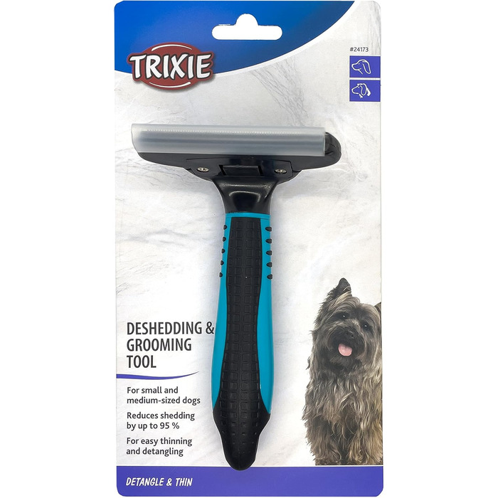 Тріксі Щітка для вичісування та розрідження шерсті для короткошерстих та жорсткошерстих собак та котів - змінний головка, лезо з нержавіючої сталі, гумовий пластиковий ручка, чорний/синій, 7 x 15 см, для маленьких собак та котів