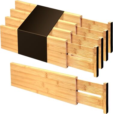 Utoplike 4 Pack Bamboo Adjustable Drawer Dividers, Adjustable Drawer Organizer, Spring-Loaded, for Clothing, Cosmetics in Bathroom and Bedroom Drawers