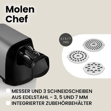ZEEGMA Electric Meat Grinder - 1900W, Stainless Steel Plates, 3kg/min, Sausage Maker, Kubbe Maker, Chopping, Dicing, REV Function, Accessory Set - Silver