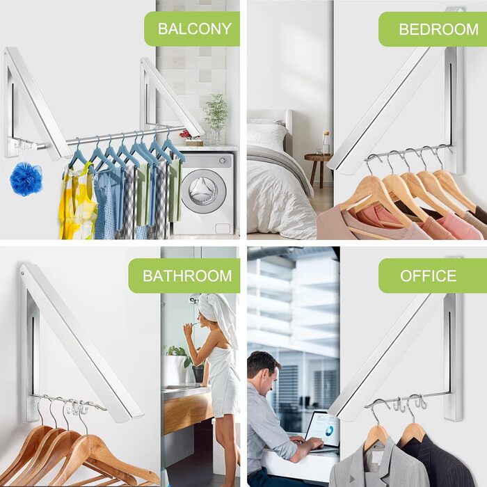 LIVEHITOP Folding Wall Clothes Rack 2 Pack Space-Saving Aluminum Clothes Hooks with Rod and Clothes Hanger Hooks Holder for Bedroom Bathroom Balcony Indoor Outdoor