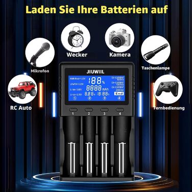 Зарядний пристрій JIUWIIL для акумуляторів 18650, 26650, Li-ion, LiFePO4 з LCD-дисплеєм - 4 слоти, швидка зарядка