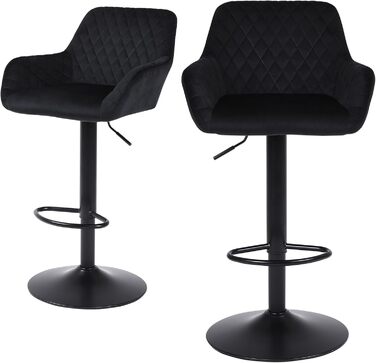 Ralex Velvet Bar Stools 2-Pack - Adjustable Swivel Bar Chairs with Backrest & Armrests for Kitchen, Bar & Counter - Black