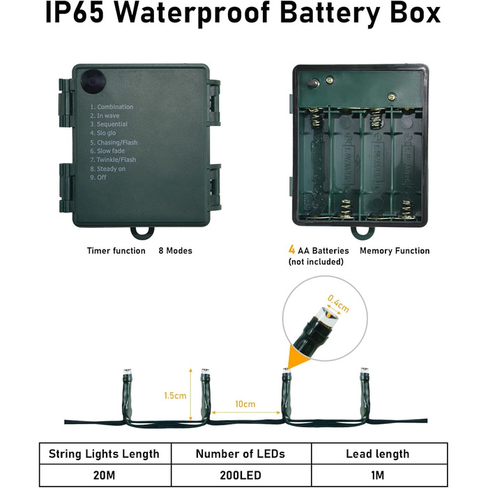 Гірлянда світлодіодна святкова, 30м, 300 LED, з таймером, 8 режимів, водонепроникна, зелений кабель, тепле біле світло, для декору, вечірок, саду, на різдво