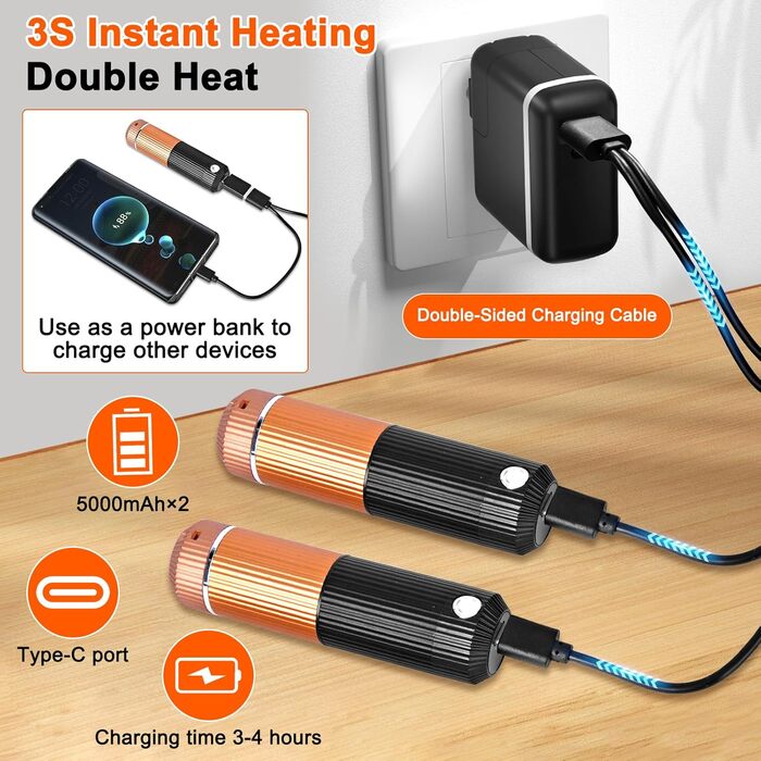 Електричний підігрівач для рук, багаторазовий, 2 шт., 10000mAh, USB, магнітний дизайн, для зими, подарунок, Outdoor, кемпінг (Чорний-Помаранчевий)