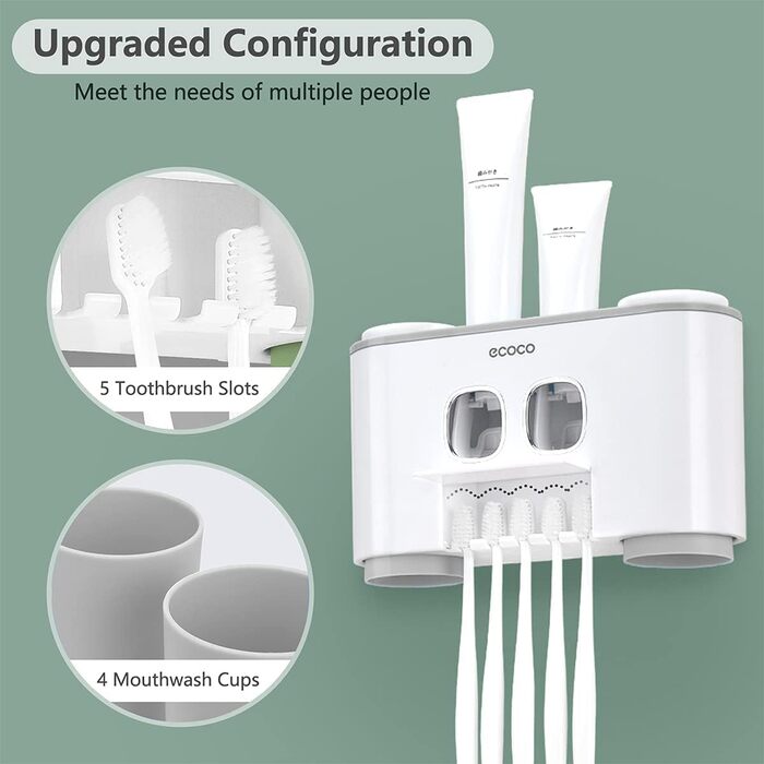 Toothbrush holder with toothpaste dispenser, wall-mounted for bathroom, bathroom organizer, storage accessory set for kids with 5 toothbrush holder slots