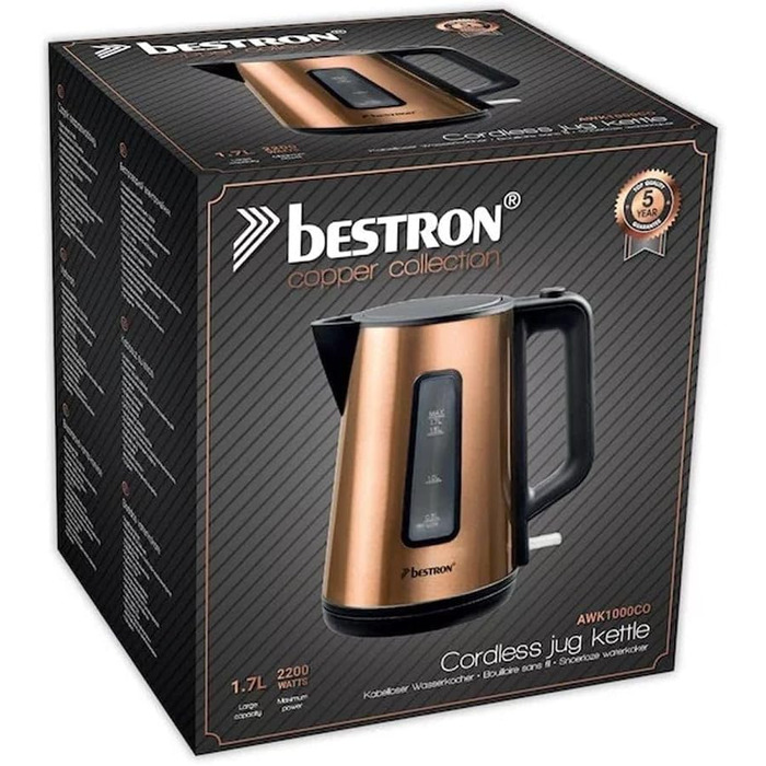 Bestron 1.7L Electric Kettle with 360° Base, Auto Shut-Off & Boil-Dry Protection - Black/Wood (Copper) Finish