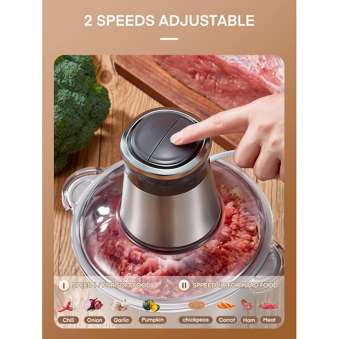 Електричний подрібнювач FOHERE для кухні, 350W, з чашею 2.5л з нержавіючої сталі та 2 швидкостями, 4 леза з нержавіючої сталі для м'яса, цибулі та овочів