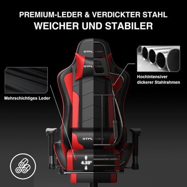Ігрове крісло GTPLAYER з підставкою для ніг, Bluetooth-колонками, ергономічне комп'ютерне крісло, офісне крісло для геймерів, регульована спинка, навантаження до 150 кг, червоне