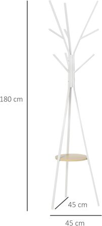 HOMCOM Coat Rack, Clothes Rack with 8 Hooks, Coat Stand with Shelf, Freestanding Coat Rack for Clothes, Hats, Bags, Metal, 45 x 45 x 180 cm (White)