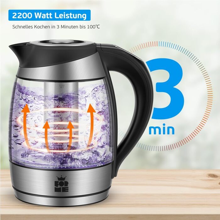 Електричний скляний чайник ForMe 1,8 л з регулюванням температури 40-100°C, LED-підсвіткою, BPA Free, з функцією підтримки тепла та знімним фільтром для чаю