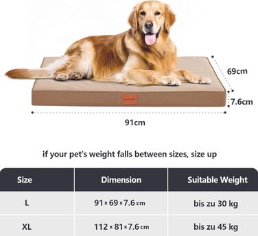 Orthopedic Dog Bed, Dog Sofa with Egg Crate Foam for Large Dogs, 112 x 81 cm, Removable and Washable, Non-Slip Bottom, (L 91 x W 69 x H 8 cm, Brown)