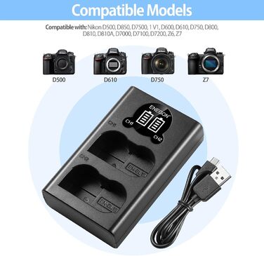 Запасний акумулятор EN-EL15 (2 шт.) та зарядний пристрій Dual LED USB для камер Nikon Z6, Z7, Z8, D7500, D7000, D7100, D7200, D500, D600, D610, D750, D780, D800, D810, D800E, D810A, D850