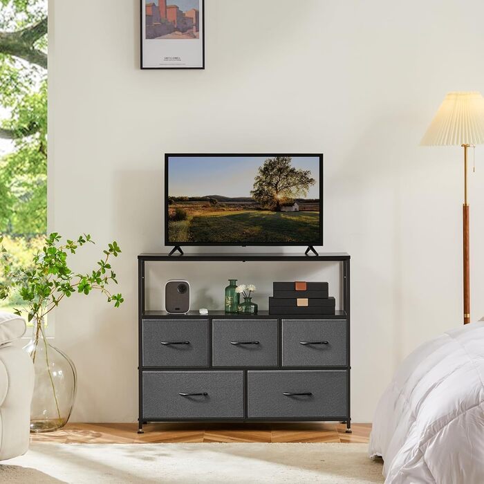 DUMOS Chest of Drawers with Drawers - Chests of Drawers & Sideboards for Bedrooms. Suitable, Chest of Drawers with 9 Drawers, Fabric Chest of Drawers with Sturdy Steel Frame, Ideal for Bedrooms, Living Rooms (Black) (5 TV Drawers Gray)