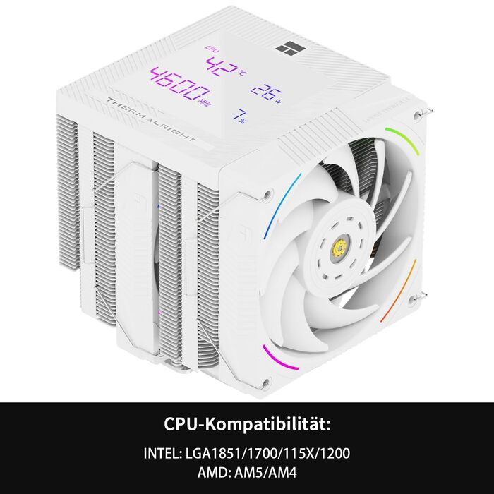 Кулер для процесора Thermalright Phantom Spirit 120 EVO (White), 7 теплових трубок, 2 PWM вентилятори, 2150 RPM, сумісність з AMD AM4/AM5 та Intel LGA 115X/1200/1700/1851/20XX