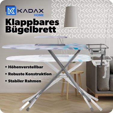 Прасувальна дошка KADAX з підставкою для рукавів 130x41 см, поверхня для прасування 53x13 см, з відсіком для праски та розеткою, складана прасувальна станція з парогенератором, Made in EU (Блакитна)