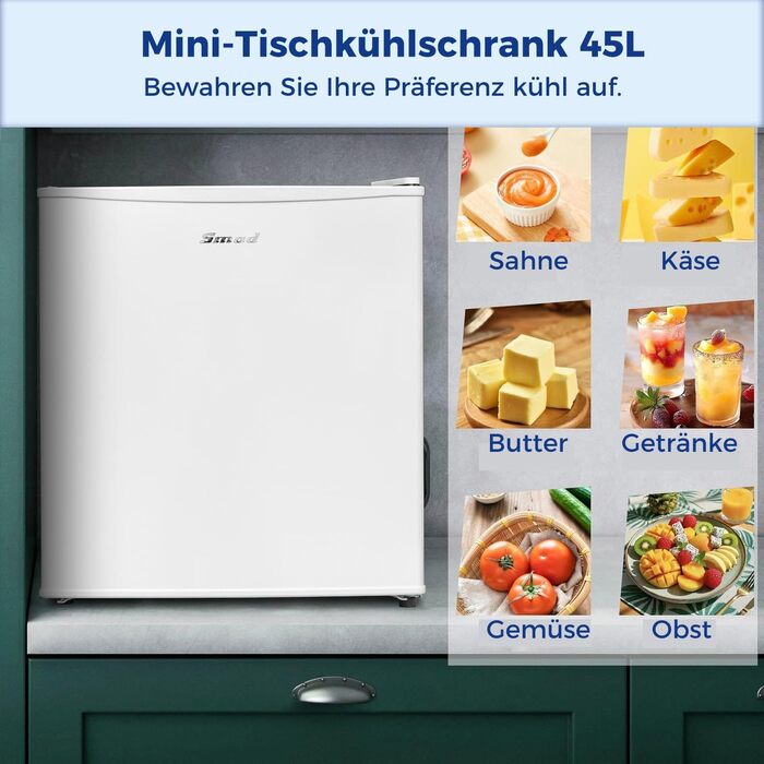 Холодильник Smad Mini 45L, компактний, 230V, з дверцятами, що відкриваються в обидві сторони, регулювання температури 0–10 °C, міні-холодильник для спальні, офісу, готелю, вітальні, білий