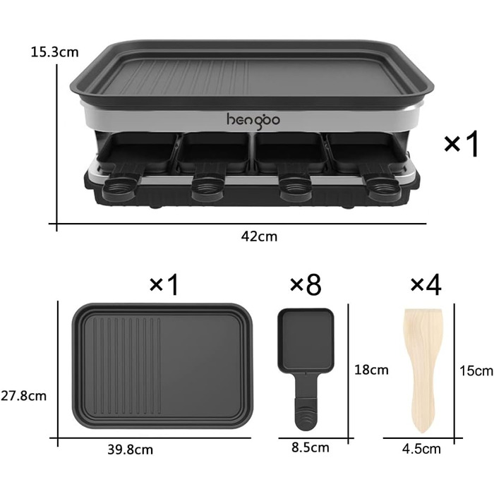 Raclette Grill for 8 People, Grill Plate with Non-Stick Coating, Raclette with 8 Mini Raclette Pans & 4 Wooden Spatulas, Continuously Adjustable Temperature, 1500W, Stainless Steel