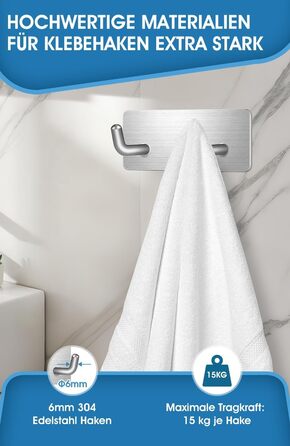 Набір гачків для рушників без свердління, 10 шт., самоклеючі гачки з нержавіючої сталі 304, надміцні клейкі гачки для великих предметів, гачки для стін без свердління для ванної, туалету та кухні, стійкі до корозії, гачки для рушників (подвійні *6)
