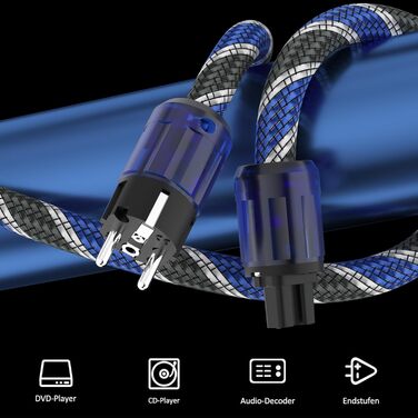 Hi-Fi мережевий кабель Monosaudio P037 1.5м, мідний екран OFC, 2-полюсний High-End кабель живлення AC з вилкою EU Schuko та роз'ємом IEC C15 для підсилювача, DVD, сабвуфера та декодера