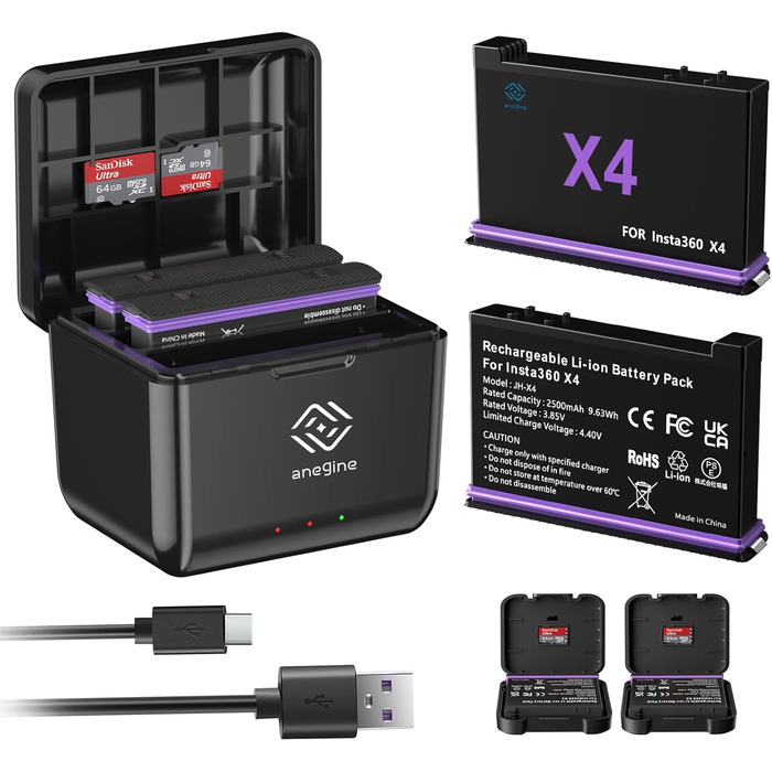 Акумулятор Insta360 X4 2500mAh + Швидке LED зарядне пристрій 3-канали USB (2 шт.) + SD картрідер для Insta360 X4