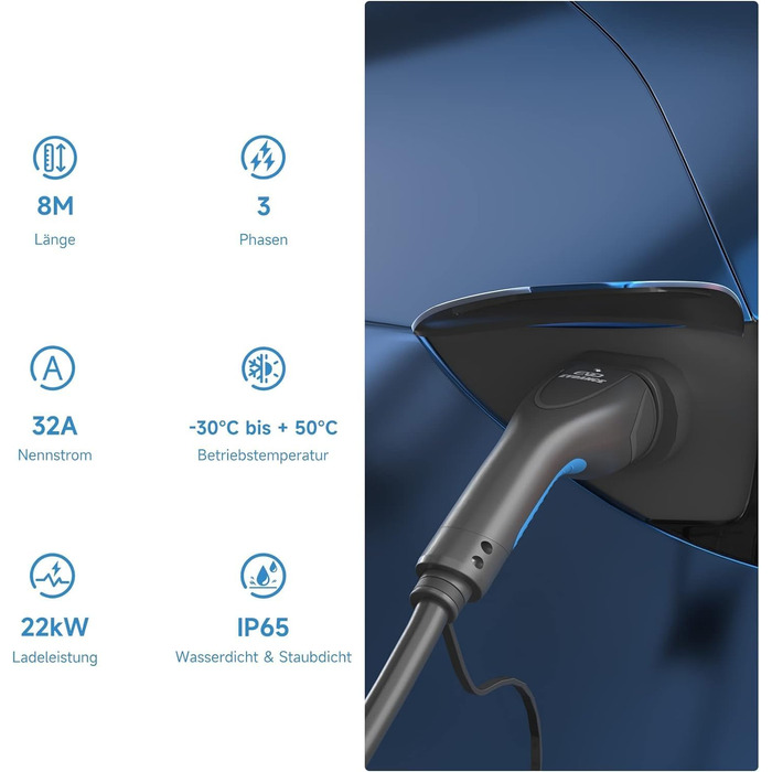 Кабель для зарядки електромобілів Тип 2, 16A, 3 фази, 11 кВт з сумкою, 8м. Сумісний з усіма електромобілями (22 кВт, 32A)
