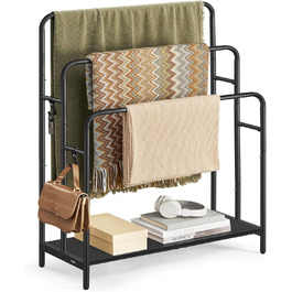 Підставка для рушників VASAGLE, стояча, 3-х рівнева, 70 x 30 x 100 см, з 2 гачками та полицею, чорний + чорне дерево, LLS019B01