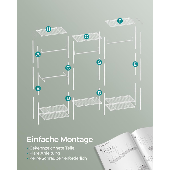 SONGMICS Clothes Rack, Open Wardrobe, Metal Coat Rack, Coat Stand with Adjustable Shelves and Clothes Rails, Hooks, High Load Capacity, Detachable, Cloud White LGR431W01