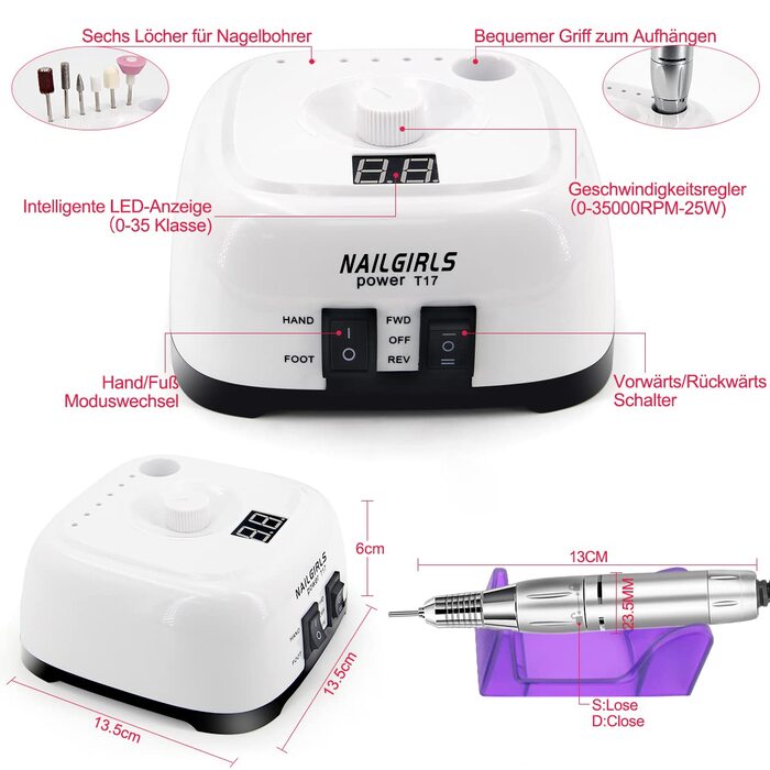 Електричний фрезер для нігтів NAILGIRLS 11 в 1 з педалем, 35000 об/хв - манікюр та педикюр