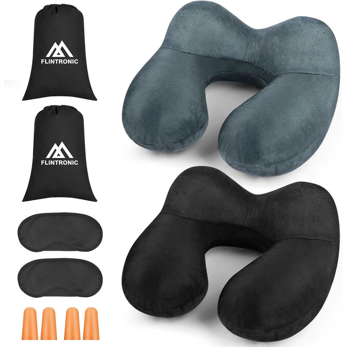 Надувна подушка для шиї Flintronic, ергономічна підголовник з велюровим чохлом, для подорожей та кемпінгу (темно-сірий)